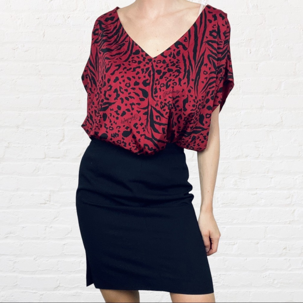 Fabulosity Burgundy Red & Black Animal Print Batwing Sleeve Blouse